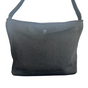 Lina Black Woven Shoulder Bag Pink Floral Lining Medium Crossbody Purse